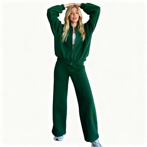 كنزة صوفية بسوستة بلون واحد للخريف والشتاء ، طقم بنطال بساق مستقيمة كاجوال وعصري للنساء - Product Image 2