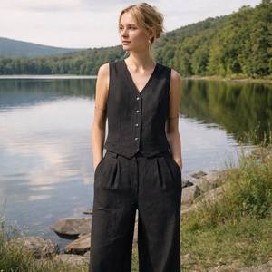 Fornitore di Alta Qualità di <span class=keywords><strong>Abbigliamento</strong></span> e Completi da <span class=keywords><strong>Donna</strong></span>, Personalizzazione di Eleganti Completi Classici in Lino Nero per Signore Raffinate - Product Image 3