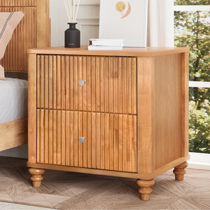 Fluted Nightstand 21.65 In Wide 3 <b>Drawer</b> Mid Century Modern Wood <b>Bedside</b> <b>Table</b> With Metal Handle - Product Image 2
