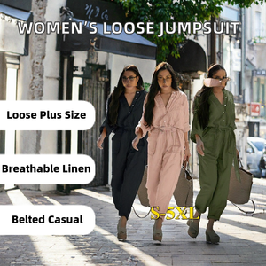 Spring Summer <b>Women</b> Casual Jumpsuits Ankle Knitted Solid Long Sleeve V-neck Belted Single Breasted Plus Size Loose <b>Overalls</b> - Product Image 2
