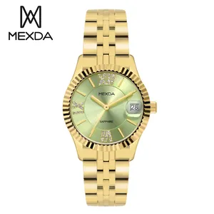 Mexda Custom Logo Design High Quality Stainless Steel Solid Band Watch For Women Luxury Diamond With Date Quartz Wristwatch