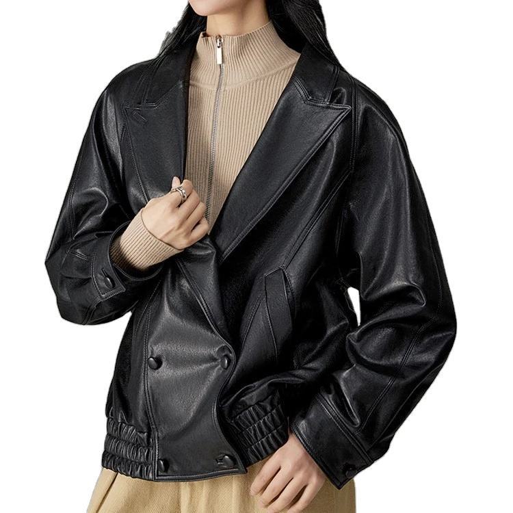 3254 Hot Sale Street Wear Double Breasted Vintage Casual Black Genuine Leather Jacket for Women