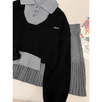 Ensemble pull et jupe courte en maille polyester/coton pour femme, col rabattu, gris et noir, style vintage, anti-boulochage
