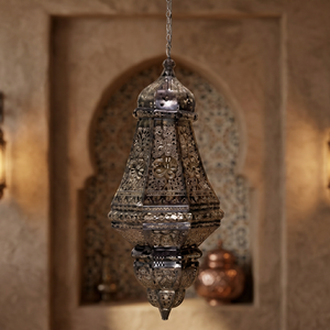 Lanterne suspendue marocaine artisanale en métal, luminaire de plafond en fer poli avec découpes florales pour la décoration de la maison, des mariages et du Ramadan - Product Image 2