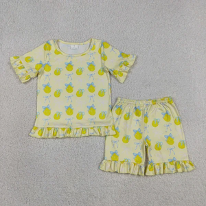 ชุดเซ็ต 2 ชิ้น เสื้อแขนสั้นระบายพิมพ์ลายมะนาวสีเหลืองสำหรับสาวๆ ฤดูร้อน - Product Image 1