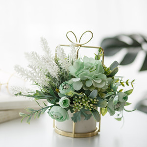 Ensemble de fleurs artificielles, vase en céramique doré, fleurs en soie de couleur cardamome, violet, rose, vert, décoration d'intérieur, plante en pot, style nordique - Product Image 5