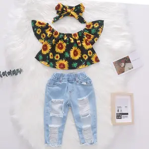 Kids. Summer Clothing Off-the-shoulder Floral Tops + Ripped Denim Jeans + Headband Toddler Girls 3pcs Summer Clothing Set