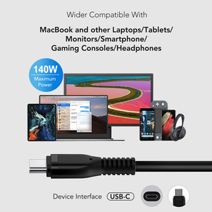 <strong>2</strong> in 1Smart GaN 140W <strong>USB</strong> C Cypress PD3.1 Power Adapter Charger with US Plug and <strong>USB</strong> C Cable with E-marker Chip - Product Image 3