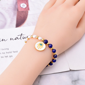 Conjunto de Joias Femininas e para Meninas em Aço Inoxidável Banhado a Ouro com Olho Grego, Contas de Palma de Fátima, Colar, Pulseira e Brincos Huggie para Casamento e Festa - Product Image 3
