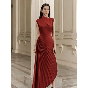 OUDINA Fashionable Elegant High Class Sleeveless Half Turtleneck Irregular Pleated Party Women's Dresses Casual Women Long Dress