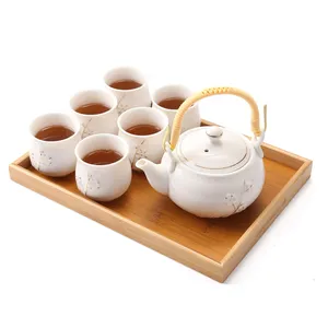 日本优雅花卉亚洲茶配件批发白瓷茶具，带不锈钢浸泡器竹托盘