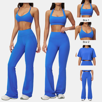 Set Yoga Wanita Empat Potong Bahan Solid, Bra Olahraga Pendek Halter Bernapas, Crop Top Punggung Silang, Legging Flare untuk Gym, Workout, dan Fitness