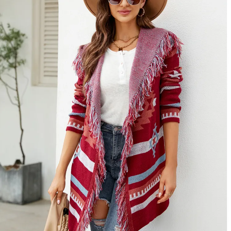 Tùy Chỉnh Aztec In Mùa Đông Mùa Thu Cardigan Cao Cổ Fringe Trùm Đầu Dệt Kim Cardigan Hình Học Jacquard Dài Áo Len Áo Khoác