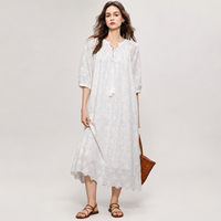 Vestido Personalizado para Mujer, Ropa Personalizada, Blanco, Bordado, Corte Holgado, Casual, Verano, Midi