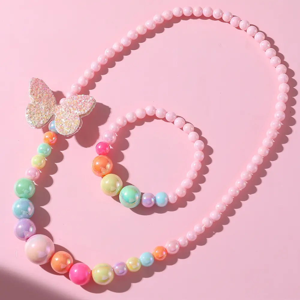 2023 New Arrival Kids Jewelry Accessories Set Cute Lovely Pastel Beaded Butterfly Necklace Bracelet Set For Little Girls