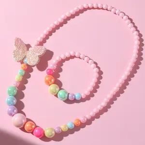Set Aksesori Perhiasan Anak-anak Keluaran Baru 2023 Gelang Kalung Kupu-kupu Manik-manik Pastel Cantik Lucu untuk Anak Perempuan Kecil