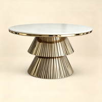 Table de banquet de luxe ronde pour mariage, base en acier inoxydable doré, plateau en verre blanc, idéale pour hôtels, événements et location de fêtes