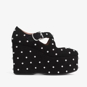 Sandales à plateforme épaisse cloutées en métal pour femmes, talons compensés hauts en daim, bout rond rétro, avec brides à boucles - Product Image 6