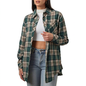 Wholesale Womens Oversized Plaid Flannel Shirt Long Sleeve Button Down Shacket Dark Green Beige <b>Checkered</b> Casual Loose Fit Blous - Product Image 1