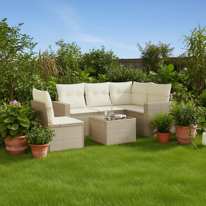 Ensemble de canapés de jardin beige en rotin, 4 places, résistant aux intempéries, mobilier d'extérieur au design contemporain - Product Image 2