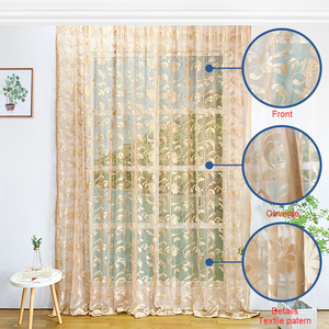 <span class=keywords><strong>Tende</strong></span> in pizzo ricamato in oro lavorate a maglia <span class=keywords><strong>giallo</strong></span> <span class=keywords><strong>chiaro</strong></span> con foglie in Voile trasparente in poliestere - Product Image 2