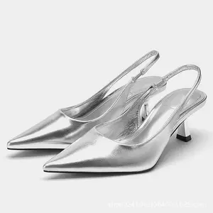 ZA silver 2024 summer new high-heeled shoes pointed thick high-heeled sandals