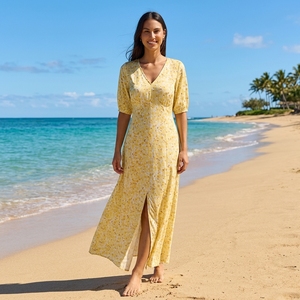 Vestido Maxi Amarillo con Estampado Floral para Mujer, Verano 2026, con Cuello en V y Abertura Lateral, Ligero y Fluido, Estilo Boho, para Vacaciones en la Playa - Product Image 1