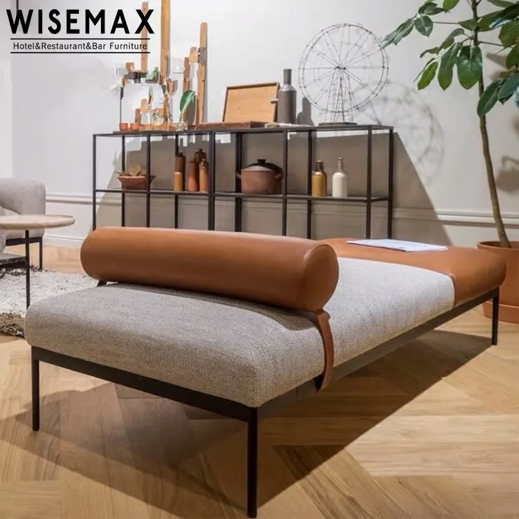WISEMAX FURNITUREベッドルーム家具北欧のノミニマルベッドスツールレザー生地長方形ソファベッドメタルレッグ