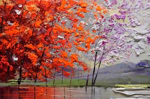 Pintura al Óleo Vibrante de <span class=keywords><strong>Paisaje</strong></span> <span class=keywords><strong>Otoñal</strong></span> con Lago y Bosque Rojo, Arte Mural Moderno Abstracto en Lienzo - Product Image 5