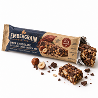Sachet en papier kraft imprimé sur mesure avec fermeture arrière pour emballage de barre chocolatée noire aux noisettes, idéal pour les snacks protéinés Cacao Crunch