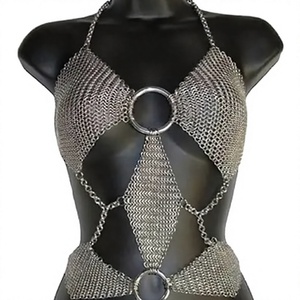 Arnés de lencería tipo halter de malla medieval para mujer, hecho a mano con cadena de acero inoxidable, joyería corporal ajustable para festivales - Product Image 3