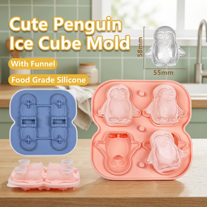 Moule à glaçons pingouin à 4 cavités avec entonnoir intégré, bac à glaçons en silicone de qualité alimentaire pour cocktails, whisky et boissons estivales - Product Image 1