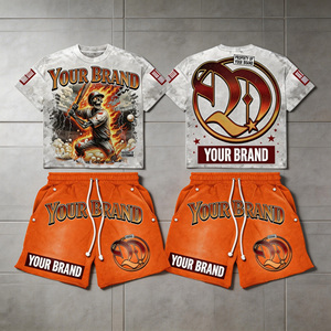 Conjunto de Camiseta y Pantalones Cortos de Algodón con Logotipo Personalizado, Estampado en Serigrafía, Lavado Ácido, Efecto Desgastado, Camiseta Blanca y Pantalones Cortos Naranja - Product Image 1