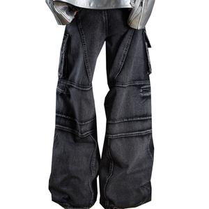 Jeans cargo vintage déstructurés en patchwork, coupe ample, style streetwear, multi-poches, délavés, pour hommes - Product Image 4