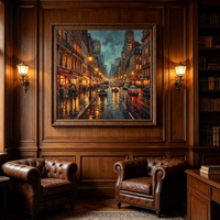 Tableau sur toile Paysage urbain Scène nocturne de rue de Paris Peinture à l'huile vintage Style Ville pluvieuse