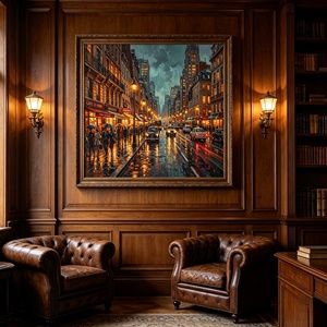 Tableau sur toile Paysage urbain Scène nocturne de rue de <span class=keywords><strong>Paris</strong></span> Peinture à l'huile vintage Style Ville pluvieuse - Product Image 4