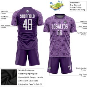 Conjunto de camiseta de fútbol blanca y morada personalizada, uniforme deportivo personalizado, nombre de equipo impreso para hombres, niños jóvenes, incluidos pantalones cortos de camisa - Product Image 1