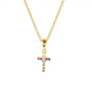 Fine Colored Zirconia Cross 925 Sterling Silver Minimalist Pendant Charm Necklace 18K Gold Plated Necklace Jewelry for Women