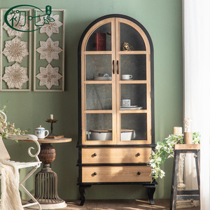 French Style Solid Wood Arched Cabinet With Glass Doors And Drawers Living Room Storage <b>Sideboard</b> - Product Image 2