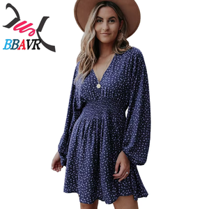 European and American <b>Style</b> Women S Pullover Vneck Dress With Long Sleeves and Pleated Waistband - Product Image 4