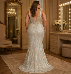 Abito da sera formale <span class=keywords><strong>taglie</strong></span> <span class=keywords><strong>forti</strong></span> con spalline sottili, in tulle color champagne nude, con perline e strass fatti a mano, ideale per Gala, Red Carpet, Ballo di fine anno, Feste - Product Image 6