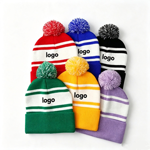 <span class=keywords><strong>Bonnet</strong></span> tricoté rayé personnalisé avec broderie et <span class=keywords><strong>pompon</strong></span>, <span class=keywords><strong>bonnet</strong></span> d'hiver chaud à revers avec <span class=keywords><strong>pompon</strong></span> pour hommes et femmes, fournisseur de chapeaux - Product Image 1