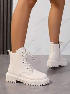 Stivali da Combattimento Personalizzati per <span class=keywords><strong>Donna</strong></span>, Stivaletti con Plateau Chunky, Lacci e Cerniera Laterale, Stivali Casual in Pelle PU all'Ingrosso - Product Image 4