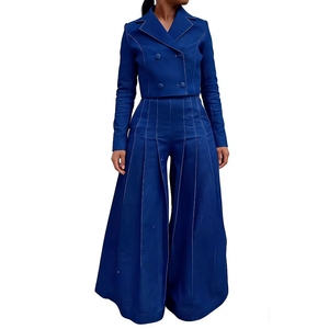 Conjunto de 2 Piezas de Moda Profesional para Mujer, Blusa con Cuello de Traje y Pantalones Anchos de Mezclilla - Product Image 1