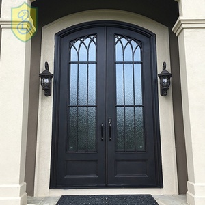 Elegantes Puertas Dobles de Entrada de Hierro Forjado a Mano con Arco Gótico - Puerta Principal de Estilo Catedral de Lujo Personalizada con Seguridad Antirrobo - Product Image 1