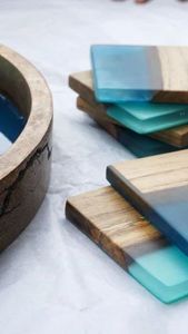 Resin Wood Square <b>Coaster</b> Set <b>Heat</b> Resistant Drink <b>Coasters</b> with Ocean Blue Resin for Coffee Tea Dining Table Home Office Decor - Product Image 4