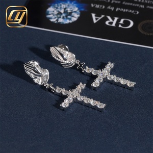 Boucles d'oreilles pendantes en argent S925 avec moissanite, motif mains en prière et croix, style Hip Hop, bijoux sertis de diamants pour hommes et femmes - Product Image 5