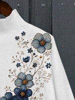 Sweter Rajut Wanita Motif Bunga Biru Kerah Tinggi Lengan Panjang Bordir Bunga Pullover Jumper Rajutan Putih