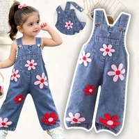 Salopette en jean brodée florale pour filles, pantalon ample à jambes larges pour tout-petits, vente en gros de vêtements pour enfants