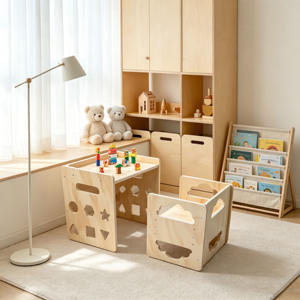 Ensemble de table et chaises Montessori modernes pour enfants, table d'activités, d'apprentissage, sensorielle et de repas, tableau noir, table en bois, chaise, écologique - Product Image 1